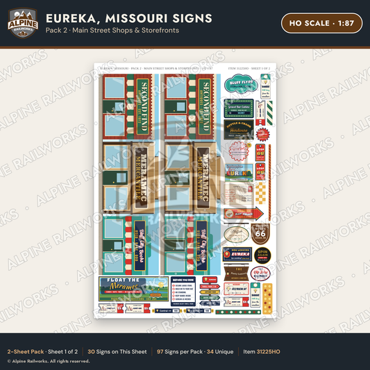 Alpine Railworks 31225HO HO Scale Eureka MO Signs - Main Street Shops