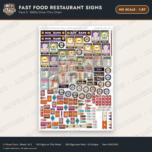 Alpine Railworks 30432HO HO Scale Fast Food Restaurant Signs