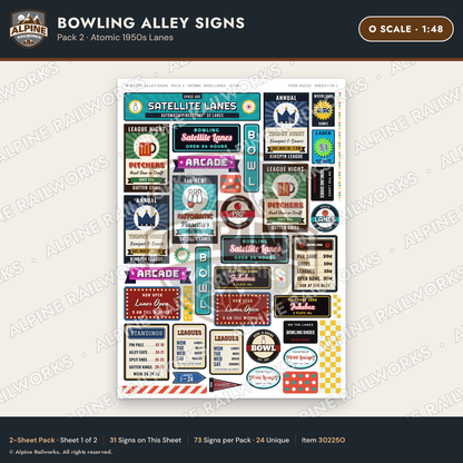 Alpine Railworks 30225O O Scale Bowling Alley Signs - Atomic Lanes