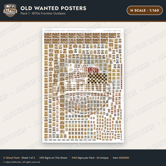 Alpine Railworks 30050N N Scale Old Wanted Posters - Frontier Outlaws
