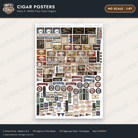 Alpine Railworks 30191HO HO Scale Cigar Posters - Five-Cent Cigars