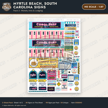 Alpine Railworks 31292HO HO Scale Myrtle Beach SC Signs - Motels