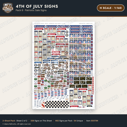 Alpine Railworks 30373N N Scale 4th of July Signs - Patriotic Sale