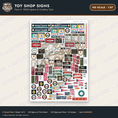 Alpine Railworks 30484HO HO Scale Toy Shop Signs - 1950s Space
