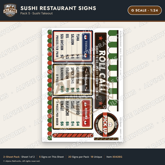 Alpine Railworks 30426G G Scale Sushi Restaurant Signs - Sushi Takeout