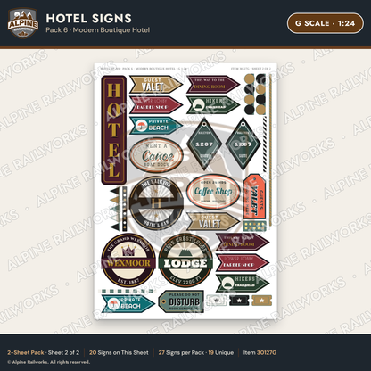 Alpine Railworks 30127G G Scale Hotel Signs - Modern Boutique Hotel