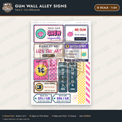 Alpine Railworks 31084G G Scale Roadside Signs - Bubblegum Alley