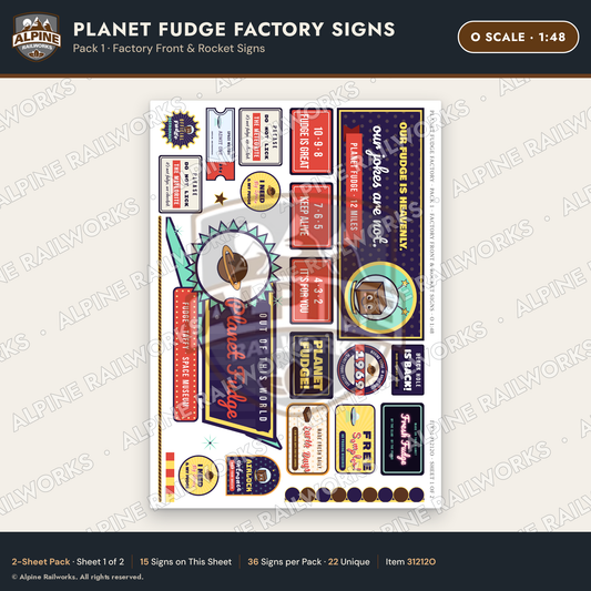Alpine Railworks 31212O O Scale Fudge Factory Signs - Factory Front