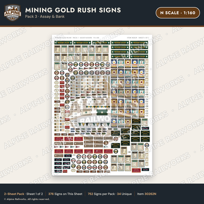 Alpine Railworks 30262N N Scale Mining Gold Rush Signs - Assay & Bank