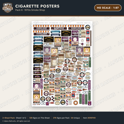 Alpine Railworks 30187HO HO Scale Cigarette Posters - 1970s Smoke Shop