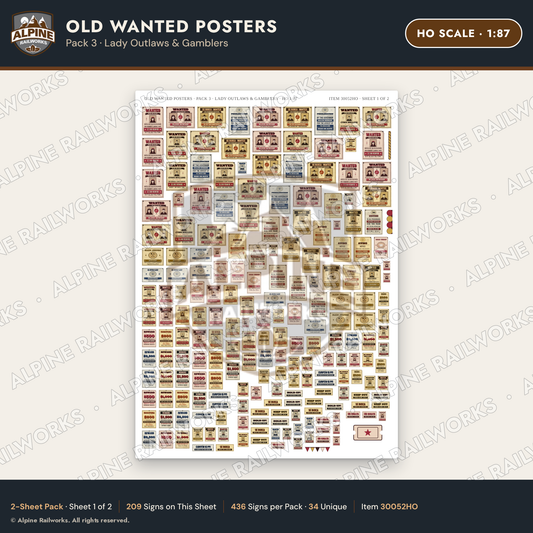 Alpine Railworks 30052HO HO Scale Old Wanted Posters - Lady Outlaws