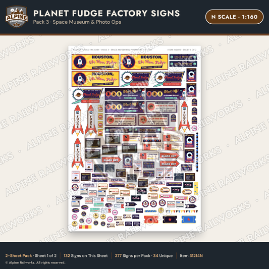 Alpine Railworks 31214N N Scale Fudge Factory Signs - Space Museum