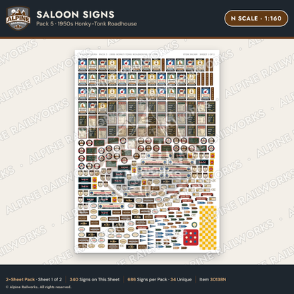 Alpine Railworks 30138N N Scale Saloon Signs - Honky-Tonk Roadhouse