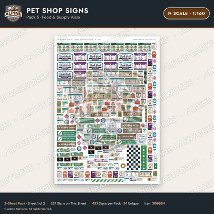Alpine Railworks 30666N N Scale Pet Shop Signs - Feed & Supply Aisle