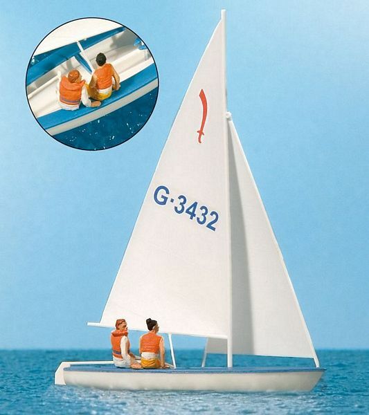 Preiser 10676 HO Scale Korsar Sailboat w/Sailor -- Sails Up (white, red, blue)