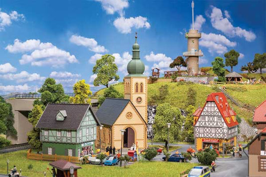 Faller 190038 HO Scale Village Life Set -- Kit - Church, 2 Town Buildings