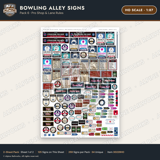 Alpine Railworks 30229HO HO Scale Bowling Alley Signs - Pro Shop