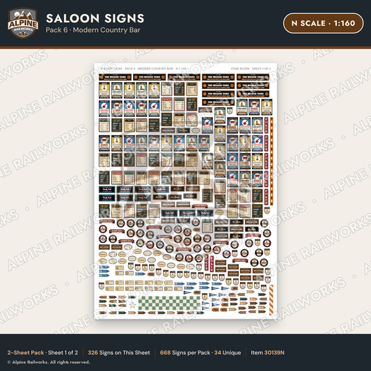Alpine Railworks 30139N N Scale Saloon Signs - Modern Country Bar