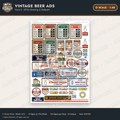 Alpine Railworks 30079O O Scale Vintage Beer Ads - 1970s Bowling