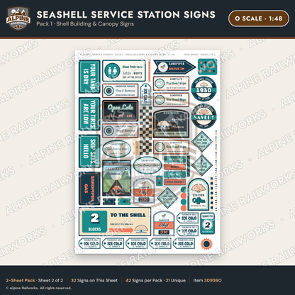 Alpine Railworks 30936O O Scale Roadside Signs - Seashell Gas Station