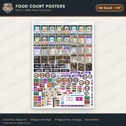 Alpine Railworks 30204HO HO Scale Food Court Posters - Neon Food Court