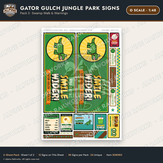 Alpine Railworks 30806O O Scale Roadside Signs - Alligator Park