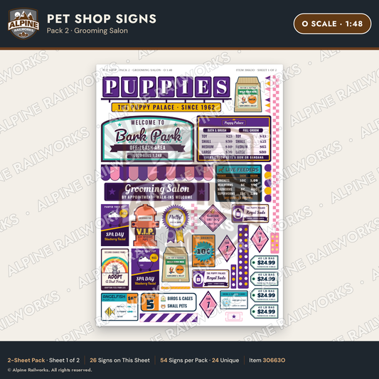 Alpine Railworks 30663O O Scale Pet Shop Signs - Grooming Salon