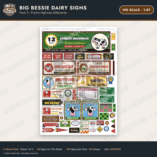 Alpine Railworks 30970HO HO Scale Roadside Signs - Giant Cow Dairy