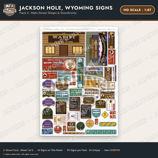 Alpine Railworks 31387HO HO Scale Jackson Hole WY Signs - Shops