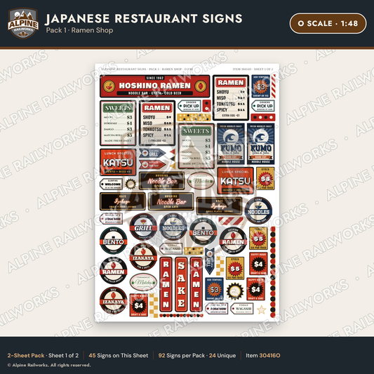 Alpine Railworks 30416O O Scale Japanese Restaurant Signs - Ramen Shop