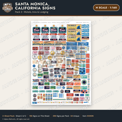 Alpine Railworks 31250N N Scale Santa Monica CA Signs - Motels & Inns