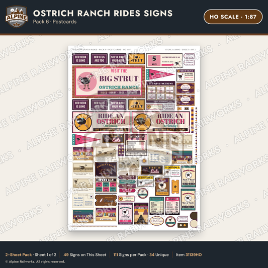 Alpine Railworks 31139HO HO Scale Roadside Signs - Ostrich Farm