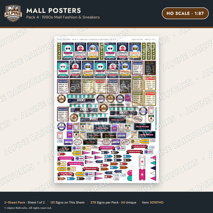 Alpine Railworks 30197HO HO Scale Mall Posters - 1990s Mall Fashion