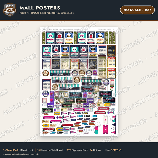 Alpine Railworks 30197HO HO Scale Mall Posters - 1990s Mall Fashion