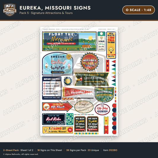 Alpine Railworks 31228O O Scale Eureka MO Signs - Attractions & Tours