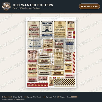 Alpine Railworks 30050G G Scale Old Wanted Posters - Frontier Outlaws