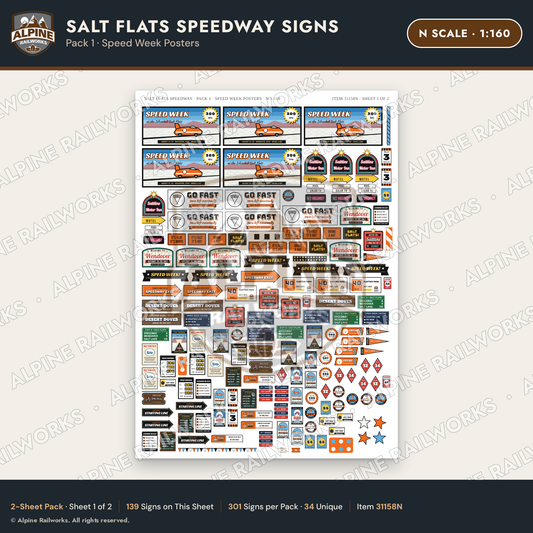 Alpine Railworks 31158N N Scale Racing Signs - Salt Flats Speedway