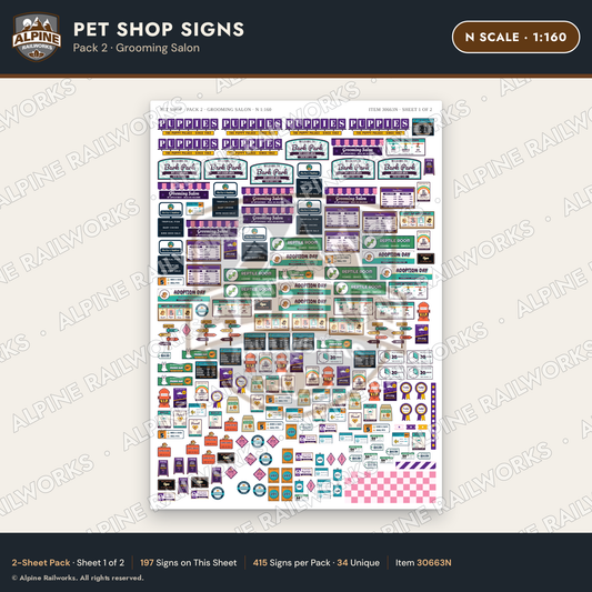 Alpine Railworks 30663N N Scale Pet Shop Signs - Grooming Salon