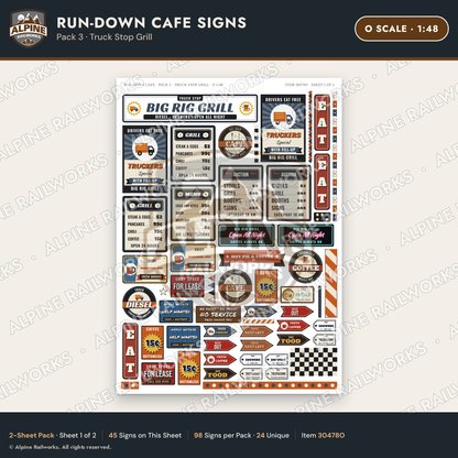 Alpine Railworks 30478O O Scale Run-Down Cafe Signs - Truck Stop Grill