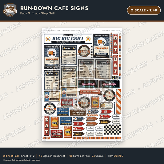 Alpine Railworks 30478O O Scale Run-Down Cafe Signs - Truck Stop Grill