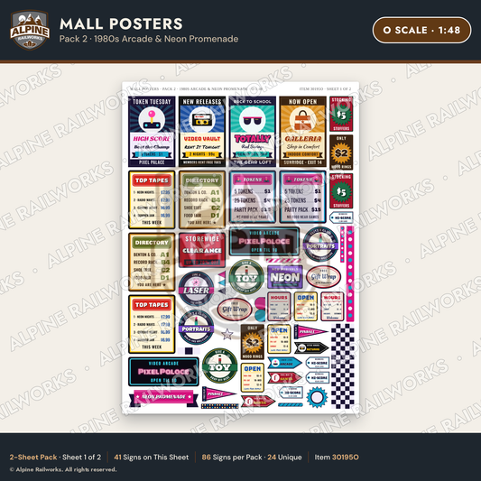 Alpine Railworks 30195O O Scale Mall Posters - 1980s Arcade