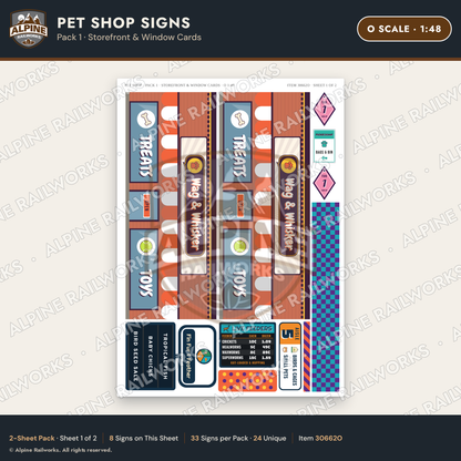Alpine Railworks 30662O O Scale Pet Shop Signs - Storefront