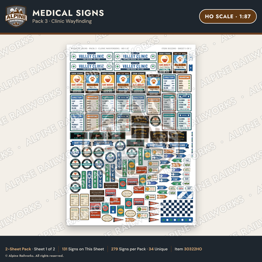 Alpine Railworks 30322HO HO Scale Medical Signs - Clinic Wayfinding