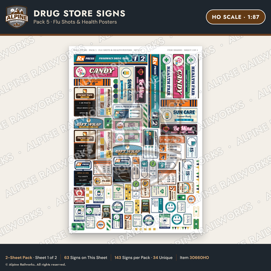 Alpine Railworks 30660HO HO Scale Drug Store Signs - Flu Shots