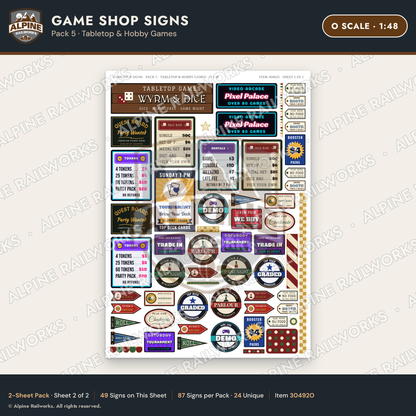 Alpine Railworks 30492O O Scale Game Shop Signs - Tabletop