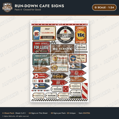Alpine Railworks 30479G G Scale Run-Down Cafe Signs - Closed for Good