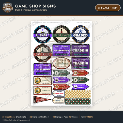 Alpine Railworks 30488G G Scale Game Shop Signs - Parlour Games 1900s