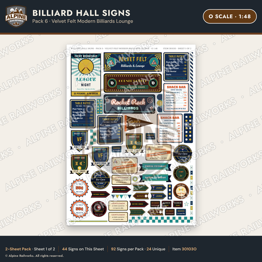 Alpine Railworks 30103O O Scale Billiard Hall Signs