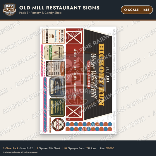 Alpine Railworks 31202O O Scale Old Mill Signs - Pottery & Candy Shop