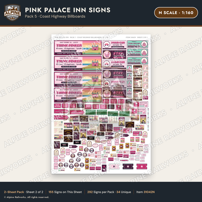 Alpine Railworks 31042N N Scale Roadside Signs - Pink Themed Motel